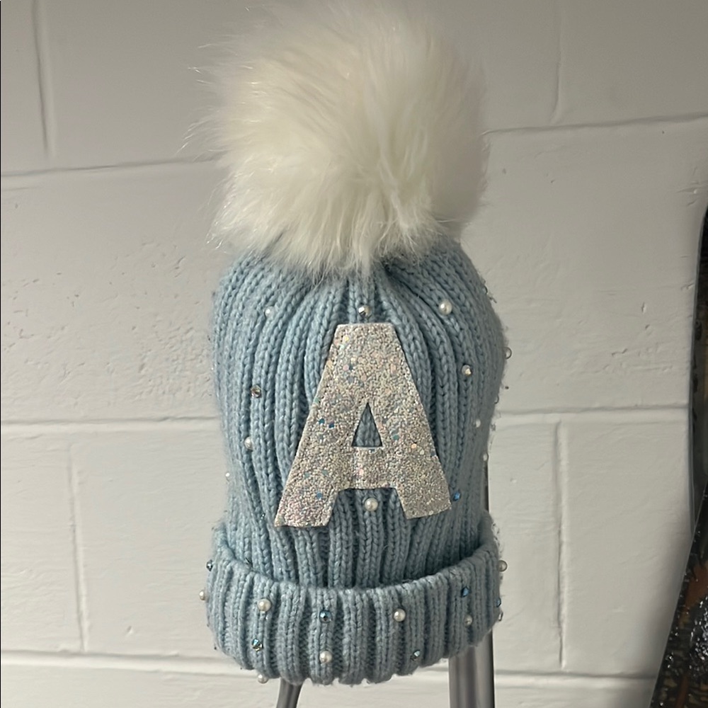 Justice girl's Blue Knit Hat with Pom Pom